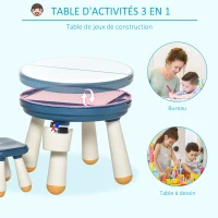 HOMCOM Ensemble table de construction bureau enfant table à dessin 3 en 1 multi-activités pour enfant avec tabouret Ø 63 x 49H cm bleu et blanc(m-4)