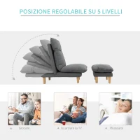 HOMCOM Poltrona Moderna con Poggiapiedi Design Poltrona Chaise Longue con Schienale Reclinabile in Lino Grigio, 64x65x105cm(m-4)