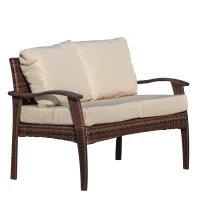 Outsunny Divano da Esterno 2 Posti in Rattan PE, Panchina da Giardino con Cuscini e Braccioli, 120x63x77cm Marrone(m-1)