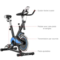 HOMCOM Vélo biking cardio vélo d'appartement écran LCD multifonction selle et guidon réglables volant inertie 10 Kg acier noir bleu(m-5)