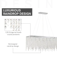 HOMCOM Lampadario Moderno a Gocce, 128 Pendenti in Cristallo e Base in Metallo, 7 Attacchi E14 40W, 80x20x130cm Argento(m-4)