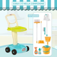 HOMCOM Set Pulizie Giocattolo per Bambini 3-6 Anni con Carrello, Scopa, Secchio e Mocio, 17 Accessori, 30x29x55cm(m-4)