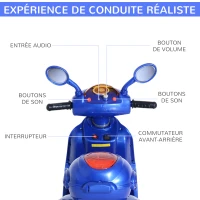 HOMCOM Moto Scooter électrique pour Enfants 6 V env. 3 Km/h 3 Roues et topcase Effet Lumineux et sonore Bleu(m-5)
