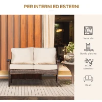 Outsunny Divano da Esterno 2 Posti in Rattan PE, Panchina da Giardino con Cuscini e Braccioli, 120x63x77cm Marrone(m-7)
