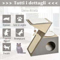 PawHut Cuccia per Gatti con Tiragraffi e Pallina in Corda Sisal, in Legno MDF, Grigia e Color Legno, 60 x 37 x 65cm(m-5)