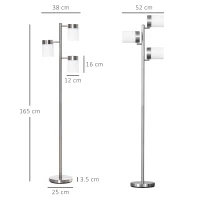 HOMCOM Lampada da Terra Moderna con 3 Paralumi Regolabili in Vetro, Piantana da Terra Design in Metallo, 38-52x25x165cm, Argento(m-3)