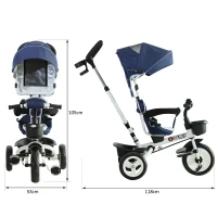 Homcom Triciclo Passeggino per Bambini con Maniglione Tetto Parapioggia Regolabile e Cestino, Blu(m-3)