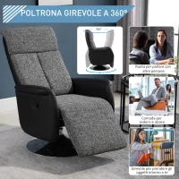HOMCOM Poltrona Relax Manuale con Schienale Reclinabile 135°, Girevole 360°, Lino Grigio e Similpelle Nera, 71x81x111cm(m-6)