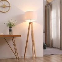 HOMCOM Lampada da Terra con Base Treppiede in Legno e Paralume in Tessuto Bianco, E27, 45x45x147cm(m-2)