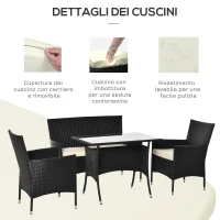 Outsunny Salotto da Giardino con Tavolo, 2 Poltrone e Divano 2 Posti, Set Mobile da Giardino in Rattan PE con Cuscini, Nero e Bianco(m-6)