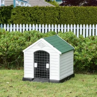 PawHut Cuccia per Cani Piccoli da Esterno e Interno, Casetta in Plastica con Cancello Rimovibile, 66x73x69cm, Bianco Verde Nero(m-2)