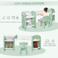 HOMCOM Ensemble bureau, chaise et bibliothèque 4 étagères pour enfant - hauteur étagères réglable - HDPE vert d'eau blanc(m-5)