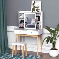 Homcom Postazione Trucco in Legno Bianco con Specchio Scorrevole Sgabello 2 Cassetti e 5 Ripiani(m-2)