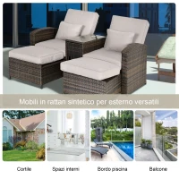 Outsunny Set 2 Sedie Sdraio da Giardino Reclinabili con Tavolino, Lettino Prendisole Imbottito in Rattan Sintetico, Marrone e Khaki, 165x75x96cm(m-7)