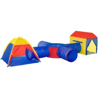 HOMCOM Tenda da Gioco 6in1 per 2-4 Bambini, Tunnel Pieghevole e Borsa di Trasporto, per Interno ed Esterno, 390x260x92cm(m-1)