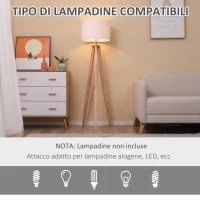 HOMCOM Lampada da Terra con Base Treppiede in Legno e Paralume in Tessuto Bianco, E27, 45x45x147cm(m-6)