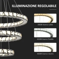 HOMCOM Lampadario Moderno LED a 3 Anelli con Cristalli e Telecomando, Altezza Regolabile, 3 Tonalità di Luce, 71W, Ф40x120cm(m-5)