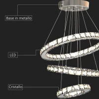 HOMCOM Lampadario Moderno LED a 3 Anelli con Cristalli e Telecomando, Altezza Regolabile, 3 Tonalità di Luce, 71W, Ф40x120cm(m-6)