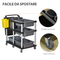 HOMCOM Carrello Pulizie Professionale 3 Livelli, in Plastica e Alluminio, 110x50x92cm, Grigio(m-4)