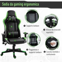 Vinsetto Poltrona da Gaming con Altezza Schienale Regolabile, Sedia Ufficio con Poggiatesta e Cuscino Lombare Nera e Verde(m-8)
