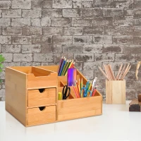 HOMCOM Organizador para Secretária de Bambu Sistema de Secretária Organizador de Mesa de Escritório Polivalente 33x20,5x15,5 cm(m-11)