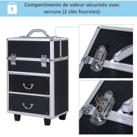 HOMCOM Valise trolley maquillage mallette cosmétique vanity poignée télescopique réglable 36L x 23l x 58H cm alu noir(m-5)