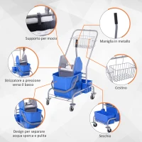 HOMCOM Carrello Pulizie Professionale con Cesto Sospeso, Ripiano, 25L Secchio Lavapavimenti con Strizzatore, Carrello Multiuso con Gancio per Hotel, Albergo e Ristorante, 72x49.5x95 cm, Blu(m-4)