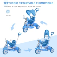 HOMCOM Triciclo con Maniglione a Forma di Moto per Bambini 18-72 Mesi (25kg) con Tettuccio Rimovibile e Bauletto, Azzurro(m-4)