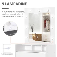 HOMCOM Toletta da Camera con Specchio e 9 Luci LED, Tavolo Trucco con Cassetto e Vani Aperti 70x40x160cm, Bianco(m-5)