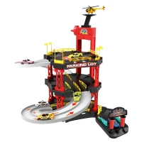 HOMCOM Pista Macchinine su 3 Livelli con 4 Auto 1 Elicottero e Accessori Inclusi per Bambini 3+, Rossa e Nera 62x52x51cm(m-1)