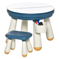 HOMCOM Ensemble table de construction bureau enfant table à dessin 3 en 1 multi-activités pour enfant avec tabouret Ø 63 x 49H cm bleu et blanc(m-1)