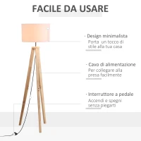 HOMCOM Lampada da Terra con Base Treppiede in Legno e Paralume in Tessuto Bianco, E27, 45x45x147cm(m-5)