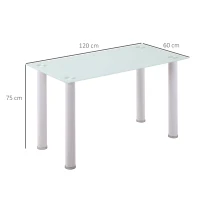 HOMCOM Tavolo Rettangolare Moderno da Cucina e Soggiorno, Gambe Rotonde in Metallo e Piano in Vetro Temperato, 120x60x75cm, Bianco(m-3)