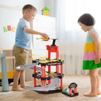 HOMCOM Pista Macchinine su 3 Livelli con 4 Auto 1 Elicottero e Accessori Inclusi per Bambini 3+, Rossa e Nera 62x52x51cm(m-2)