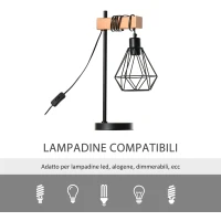 HOMCOM Lampada da Tavolo in Stile Industriale, Lampada da Comodino con Paralume Regolabile in Metallo Nero e Color Legno, 25x15x48cm(m-5)