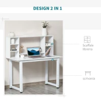 HOMCOM Scrivania Ufficio e Casa per Computer con Scaffale e Ampio Piano di Lavoro, Struttura Legno e Metallo 120x60x125cm, Bianco(m-6)