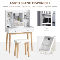 Homcom Postazione Trucco in Legno Bianco con Specchio Scorrevole Sgabello 2 Cassetti e 5 Ripiani(m-6)