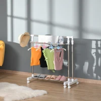 HOMCOM Stender Estensibile Appendiabiti Stendibiancheria 3 Livelli con Portascarpe e Ruote, Acciaio e PP, Bianco, 93-172x42x95-162.5cm(m-2)