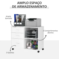 HOMCOM Armário de Escritório para Impressora Multifuncional com 3 Gavetas Prateleira Ajustável e Rodas 80x40x65cm Branco(m-4)