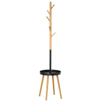 HOMCOM Albero Appendiabiti da Terra con Altezza Regolabile, Attaccapanni 2 in 1 con Tavolino e 5 Ganci, 40x40x179cm, Legno e Nero(m-1)