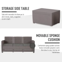 Outsunny Salottino Esterni Componibile in PP Effetto Rattan Set da 4 Pezzi Grigio con Divano, Poltrona, Tavolo Contenitore e Cuscini(m-5)