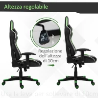 Vinsetto Poltrona da Gaming con Altezza Schienale Regolabile, Sedia Ufficio con Poggiatesta e Cuscino Lombare Nera e Verde(m-6)