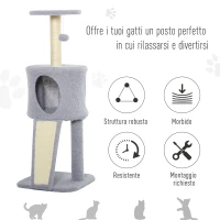 PawHut Tiragraffi a Colonna per Gatti con 3 Livelli Cuccia e Corda Sisal Grigio(m-4)