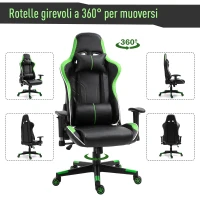 Vinsetto Poltrona da Gaming con Altezza Schienale Regolabile, Sedia Ufficio con Poggiatesta e Cuscino Lombare Nera e Verde(m-7)