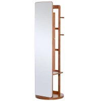 HOMCOM Specchio da Terra Girevole con Armadietto Portagioie e Appendiabiti, MDF e Legno, Ф50x169cm, Noce Chiaro(m-1)