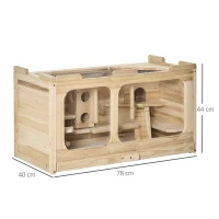 PawHut Gabbia per Criceti in Legno di Abete con Giochi e Casette, Parete in Vetro e Tetto Apribile, 78x40x44cm Colore Naturale(m-3)