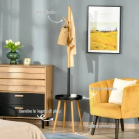 HOMCOM Albero Appendiabiti da Terra con Altezza Regolabile, Attaccapanni 2 in 1 con Tavolino e 5 Ganci, 40x40x179cm, Legno e Nero(m-6)