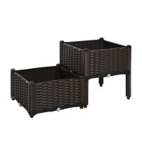 Outsunny verhoogd bed, 2-delige plantenbak met afwateringsgaten, bloembak in rotan-look, PP, bruin