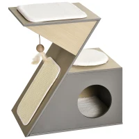 PawHut Cuccia per Gatti con Tiragraffi e Pallina in Corda Sisal, in Legno MDF, Grigia e Color Legno, 60 x 37 x 65cm(m-4)