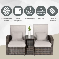 Outsunny Set 2 Sedie Sdraio da Giardino Reclinabili con Tavolino, Lettino Prendisole Imbottito in Rattan Sintetico, Marrone e Khaki, 165x75x96cm(m-4)
